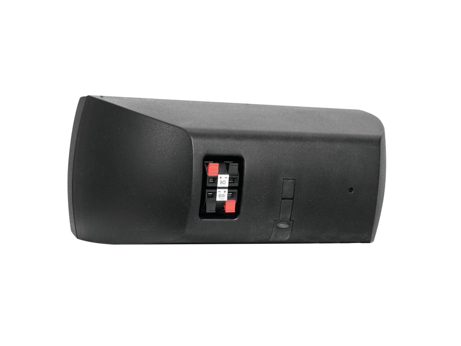 Czarny głośnik widziany z boku, z zaciskami przewodów i dwoma czerwonymi punktami przyłączeniowymi.