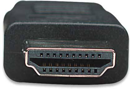 Czarny złącze HDMI z wieloma stykami w prostokątnym kształcie, typowe dla połączeń między urządzeniami elektronicznymi.