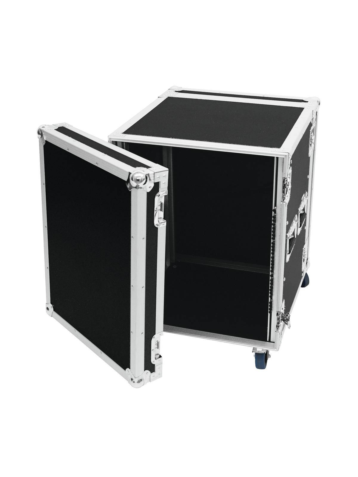 Czarne etui transportowe z aluminiowymi krawędziami, na kółkach, pokazane w otwartej formie. Idealne do bezpiecznego przewozu delikatnych urządzeń.
