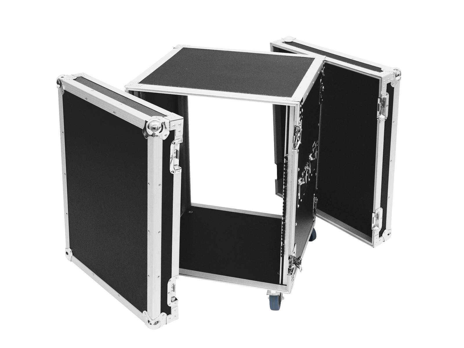Czarny kufer transportowy z srebrnymi krawędziami, otwarty na kółkach. Odpowiedni do bezpiecznego przewozu delikatnego sprzętu.
