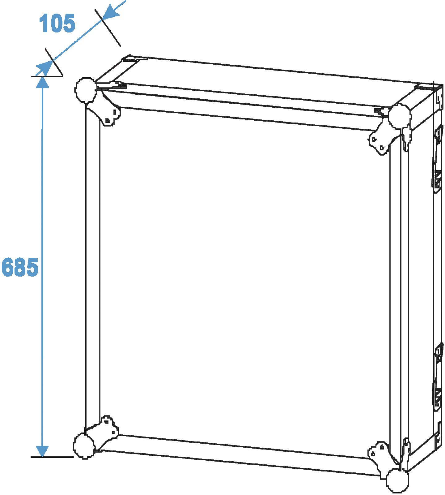 Rysunek techniczny metalowej struktury kwadratowej o wymiarach: wysokość 685 mm, szerokość górnej krawędzi 105 mm.