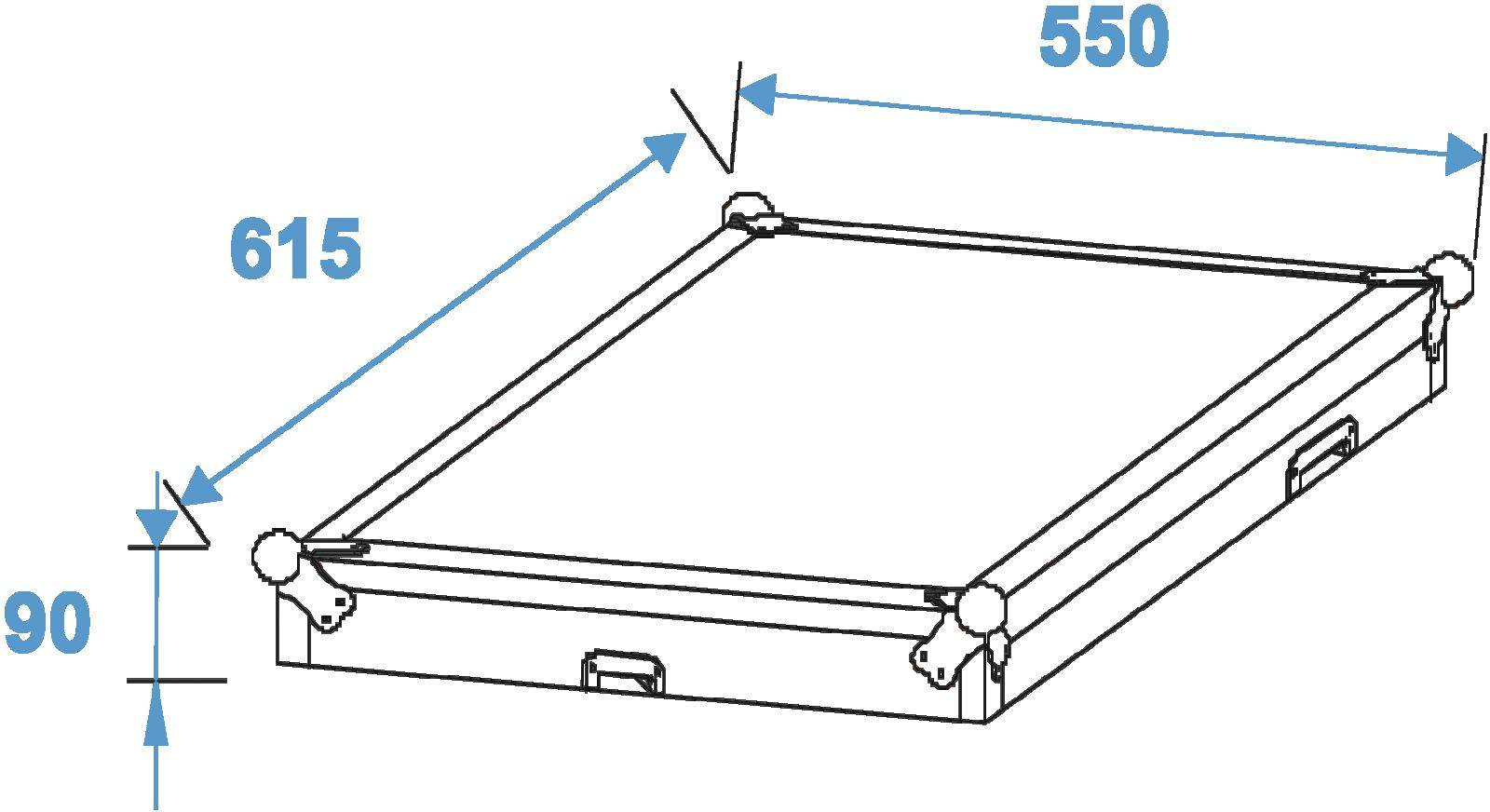 Diagram prostokątnego obiektu o wymiarach: długość 615, szerokość 550, wysokość 90.