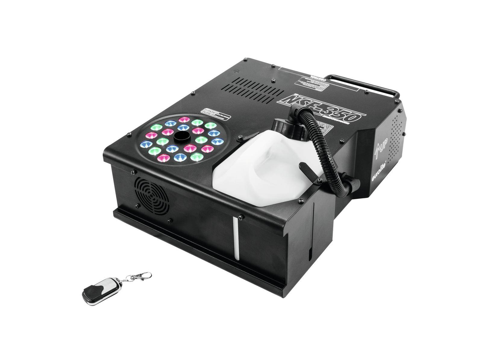 Maszyna mgłowa ze zdalnym sterowaniem, czarna obudowa, przyciski sterowania kolorem widoczne na górze, odpowiednia do efektów scenicznych i eventowych.