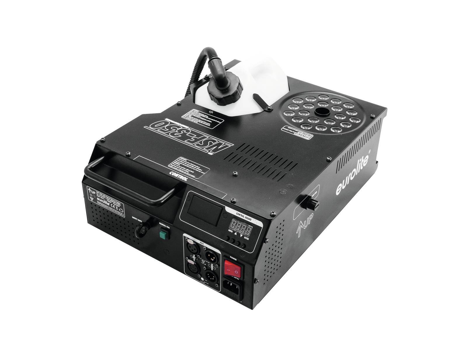 'Eurolite Wytwornica mgły, model NS-1500, czarna, otwory wentylacyjne u góry, przewód zasilający i panel sterowania z przodu.'