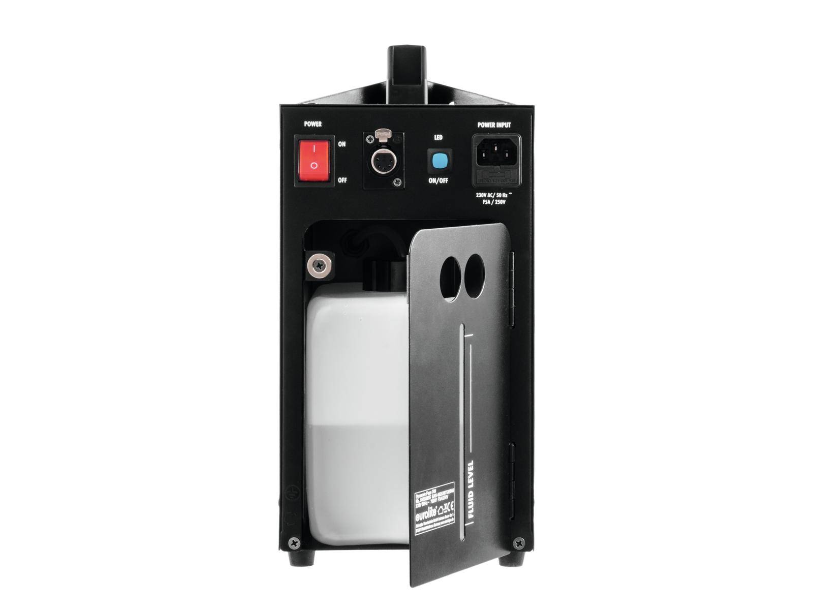 Maszyna dymotwórcza z otwartą komorą ukazuje zbiornik na płyn. Przód urządzenia z przełącznikami i złączami do sterowania i obsługi.