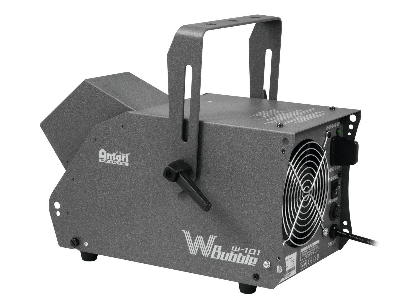 Szara maszyna do puszczania baniek mydlanych z wentylatorem i uchwytem, idealna do efektów scenicznych lub imprezowych.