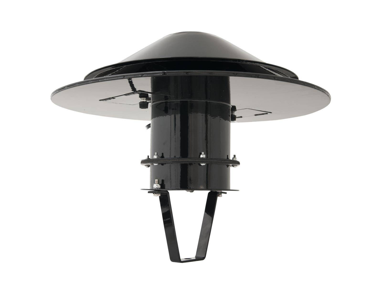 Czarny, metalowy kaptur kominowy zapobiegający wylatywaniu iskier i chroniący przed wpływami atmosferycznymi, przeznaczony do okrągłych kominów.