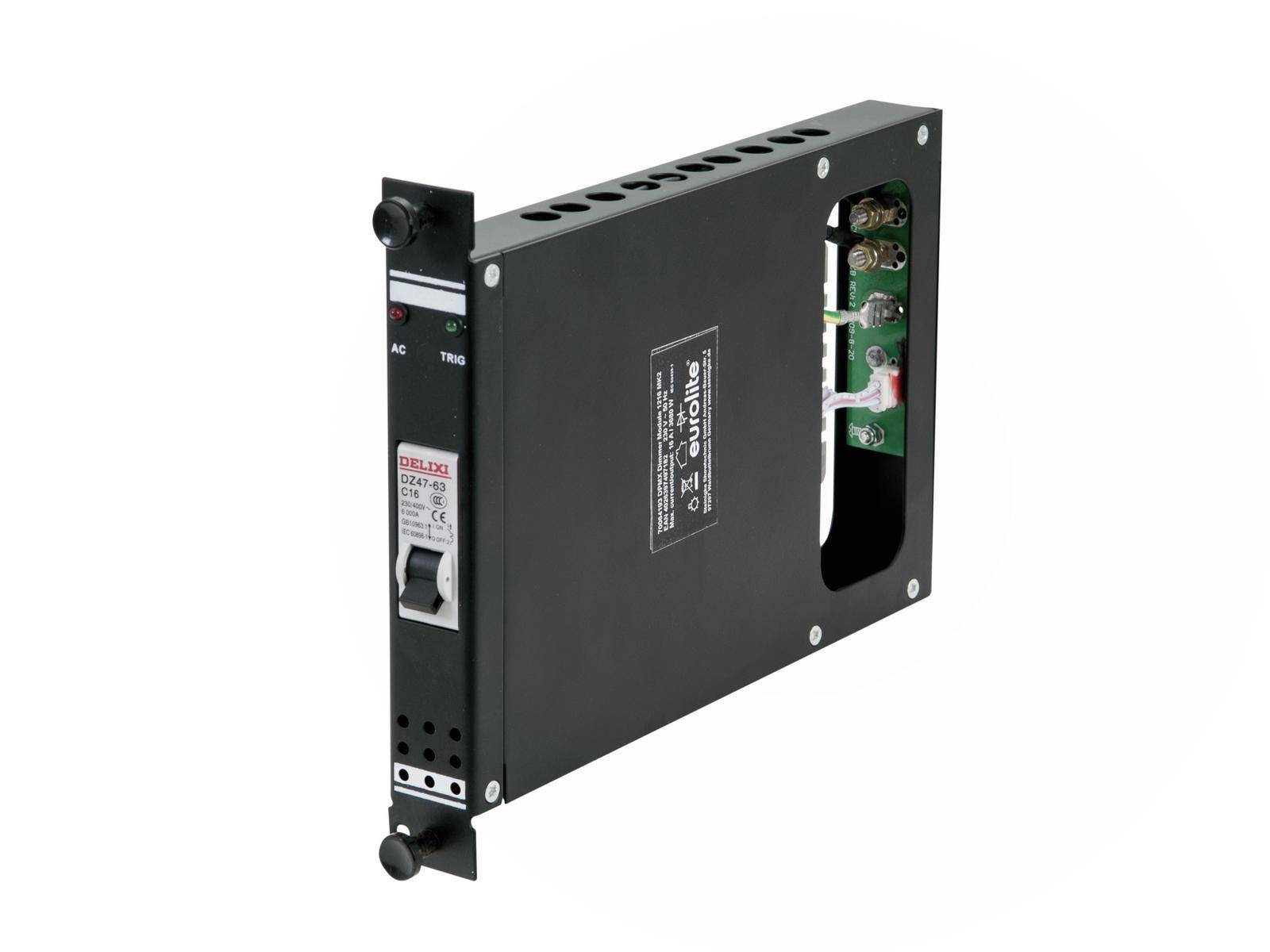 Czarny elektroniczny przyrząd z widocznym obwodem drukowanym po stronie. Posiada przełącznik i jest zaprojektowany do wbudowania w większy system.