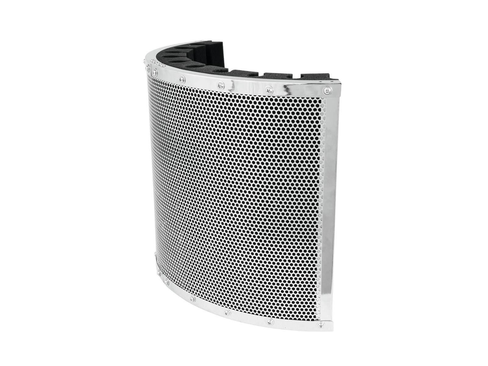 Metalowa osłona w kształcie łuku, prawdopodobnie do głośnika lub wentylacji. Srebrny materiał z małymi, okrągłymi otworami.