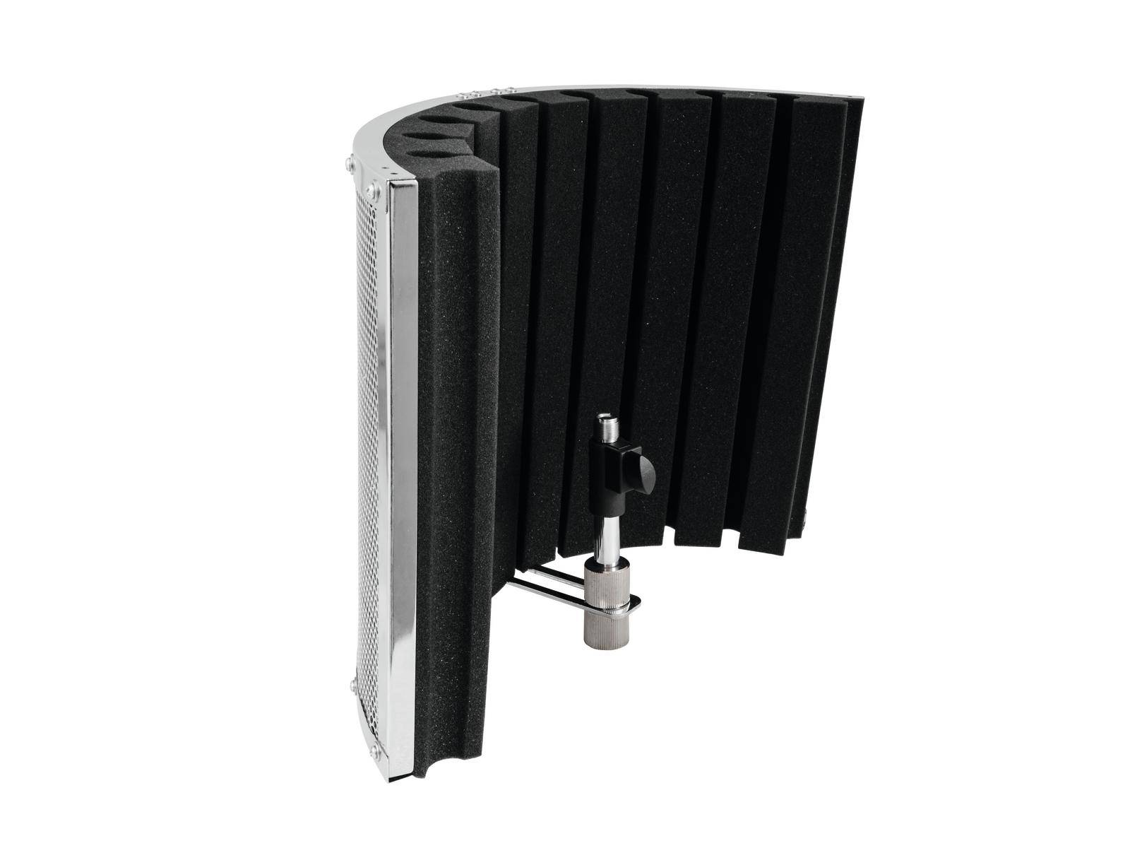 Czarny ekran akustyczny z prostą przednią stroną i zakrzywioną tylną stroną, przeznaczony do redukcji hałasu podczas nagrań mikrofonowych.