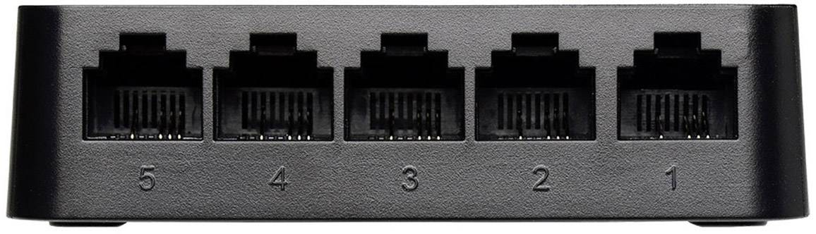 Pięć portów Ethernet na switchu sieciowym, ponumerowanych od 1 do 5, rozmieszczonych na czarnej powierzchni.