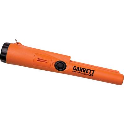 Pomarańczowy ręczny wykrywacz metali z napisem 'Garrett Pro-Pointer AT', używany do wykrywania metali.