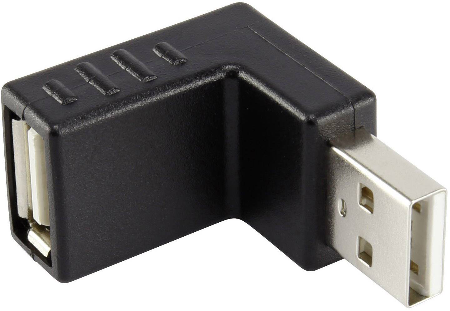 Czarny adapter USB kątowy 90 stopni z wtykiem USB-A po jednej stronie i gniazdem USB-A po drugiej stronie.