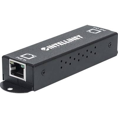 Czarny przedłużacz Intellinet PoE, o prostokątnym kształcie, z dwoma złączami Ethernet. Oznaczenia 'PoE In' i 'PoE Out'.