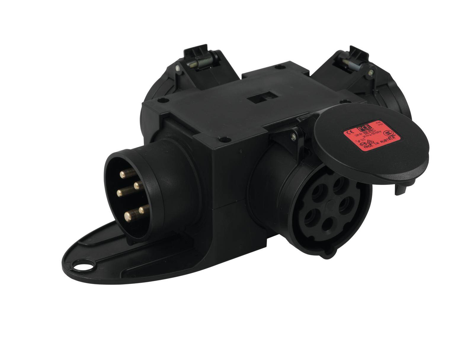 Czarna złączka elektryczna z wieloma stykami i gniazdami. Posiada osłonę chroniącą gniazda.