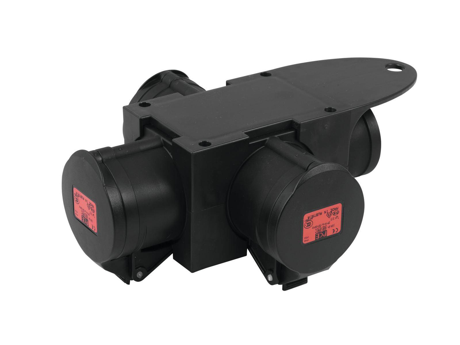 Obraz przedstawia czarny, prostokątny przyrząd mechaniczny z dwoma cylindrycznymi końcówkami i czerwonymi naklejkami.