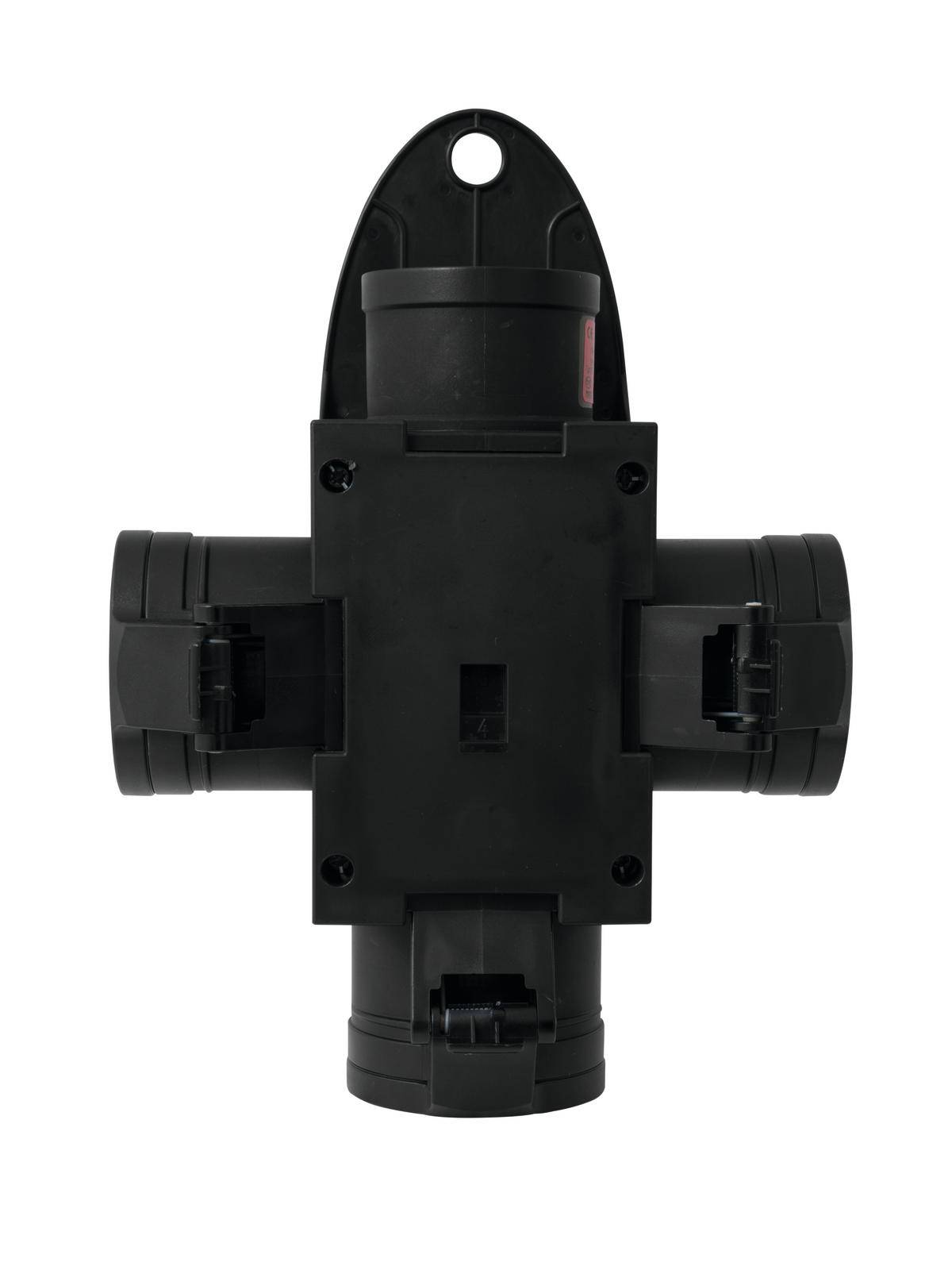 Czarne, krzyżowe elektryczne pudełko przyłączeniowe z czterema punktami przyłączeniowymi.