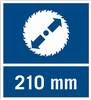 Symbol tarczy piły tarczowej ze strzałkami wskazującymi kierunek obrotu, pod spodem tekst '210 mm'.