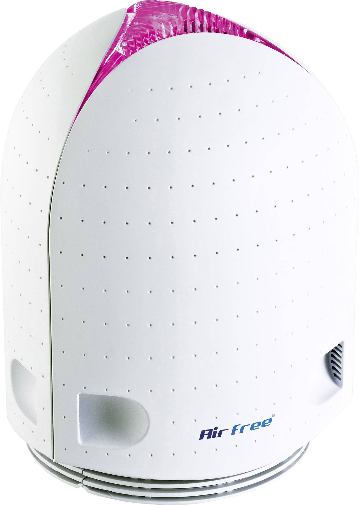 Biały oczyszczacz powietrza o owalnym kształcie z różową górną pokrywą. Nazwa marki 'AirFree' na przedniej części urządzenia.