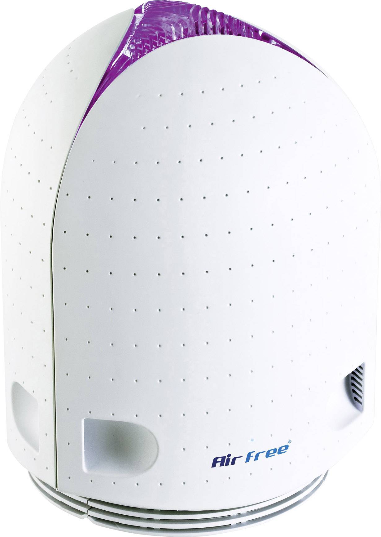 Oczyszczacz powietrza z owalną, białą obudową i fioletową górną częścią. Nazwa marki 'AirFree' na przedniej stronie.