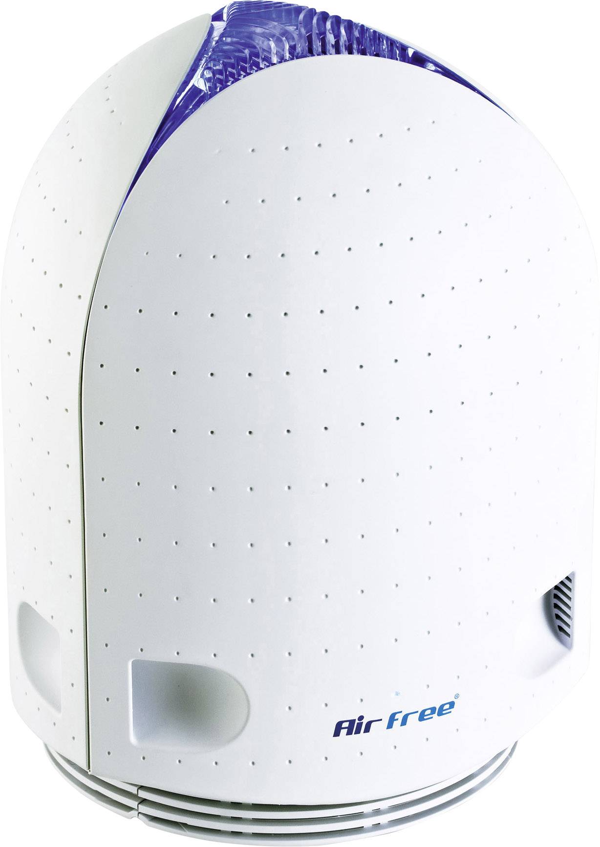 Biały oczyszczacz powietrza o owalnym kształcie z małymi otworami wentylacyjnymi, z niebieskim światłem widocznym u góry. Z przodu wydrukowana nazwa marki 'AirFree'.