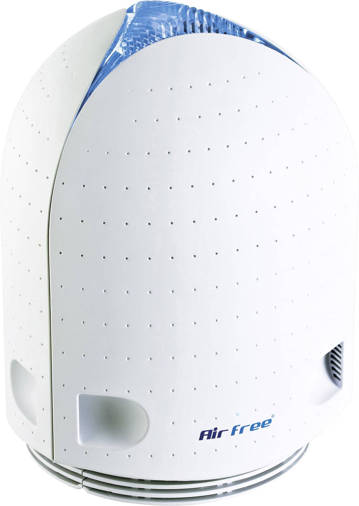 Biały, owalny oczyszczacz powietrza z małymi otworami wentylacyjnymi i nazwą marki 'AirFree' na przedniej stronie.