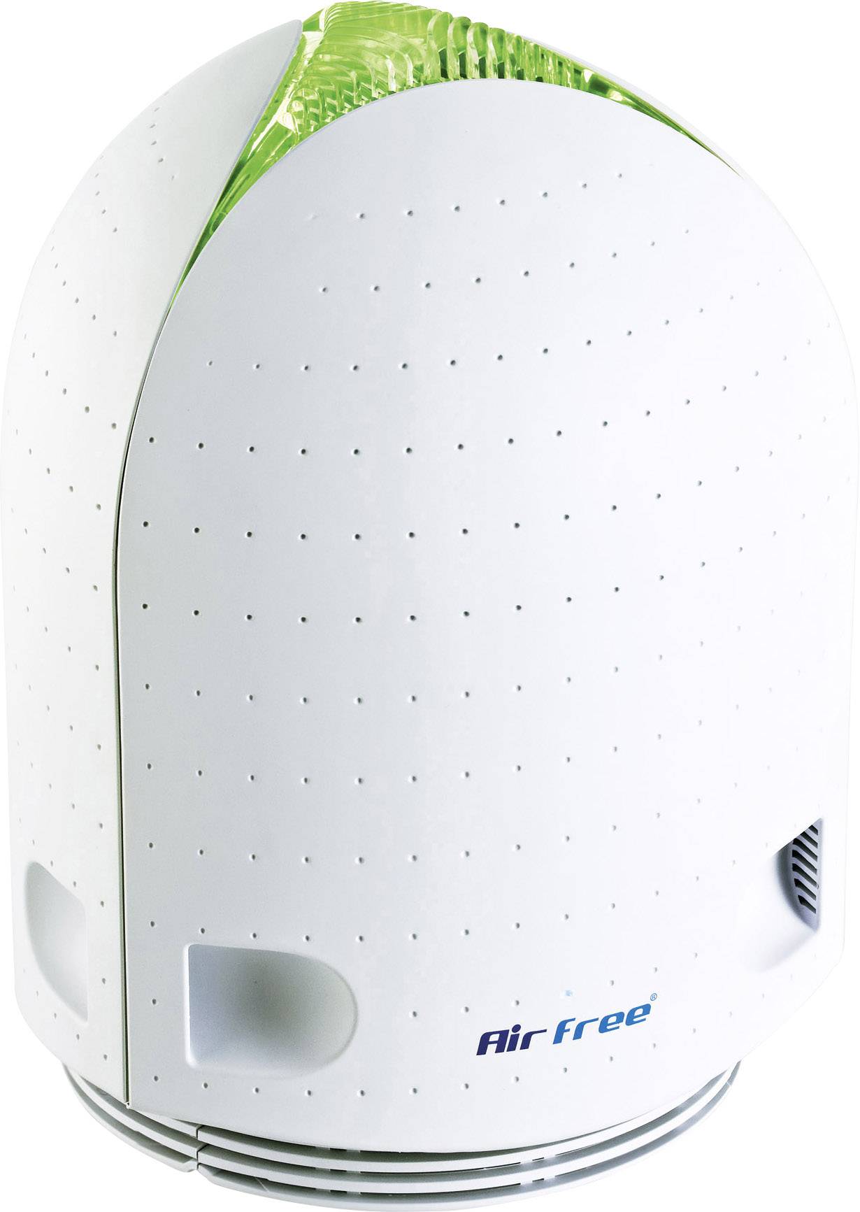 Biały, jajowaty oczyszczacz powietrza z zielonymi efektami świetlnymi, wąskimi otworami wentylacyjnymi i niebieskim logo 'AirFree' na przedniej stronie.