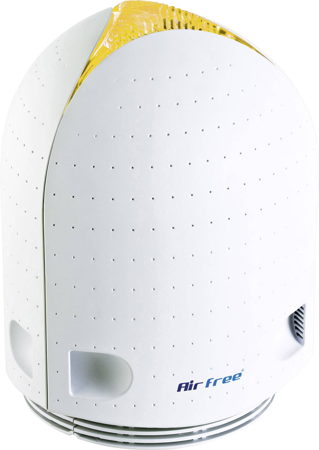 Biały oczyszczacz powietrza z napisem 'AirFree', prezentujący nowoczesny, zaokrąglony design z małymi otworami wentylacyjnymi.