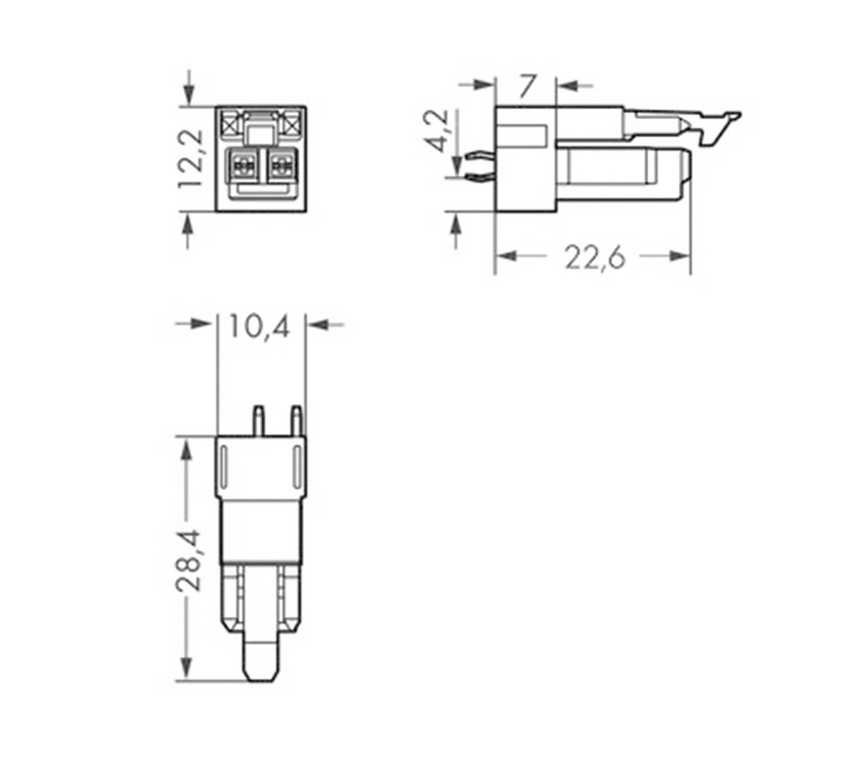 Rysunek techniczny złącza elektrycznego z wymiarami: szerokość 12,2 mm, wysokość 28,4 mm i głębokość 22,6 mm.
