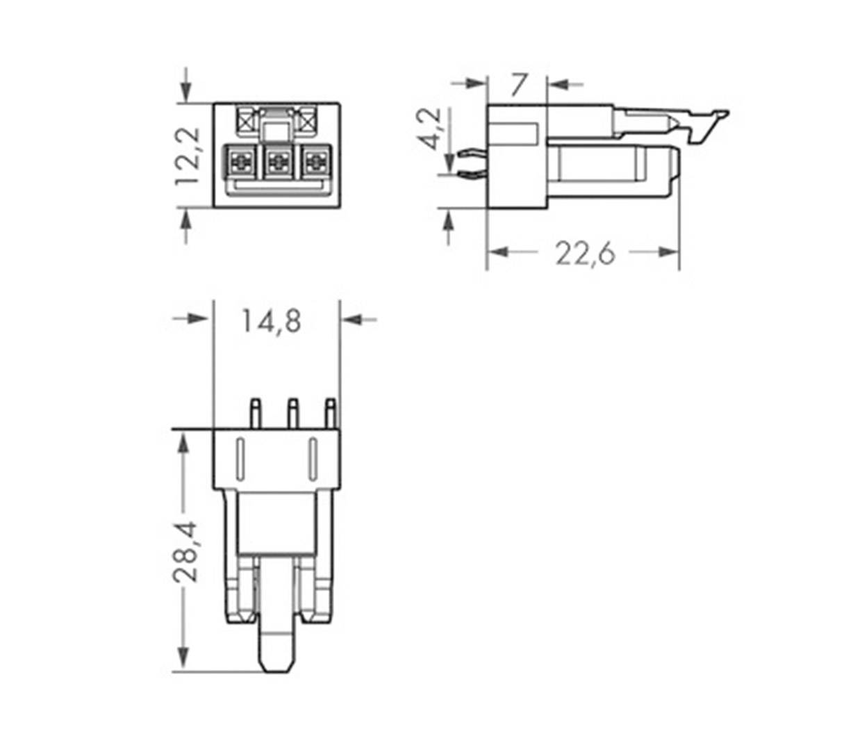 Rysunek techniczny złącza z wymiarami: góra 12,2 x 7 mm, widok z boku 22,6 mm długości i 4,2 mm wysokości, widok z przodu 28,4 mm wysokości.