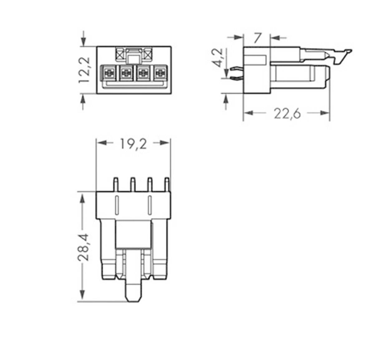 Rysunek techniczny złącza elektrycznego z podanymi wymiarami w milimetrach: 12,2 x 4,2 x 19,2 x 28,4 x 22,6 x 7.