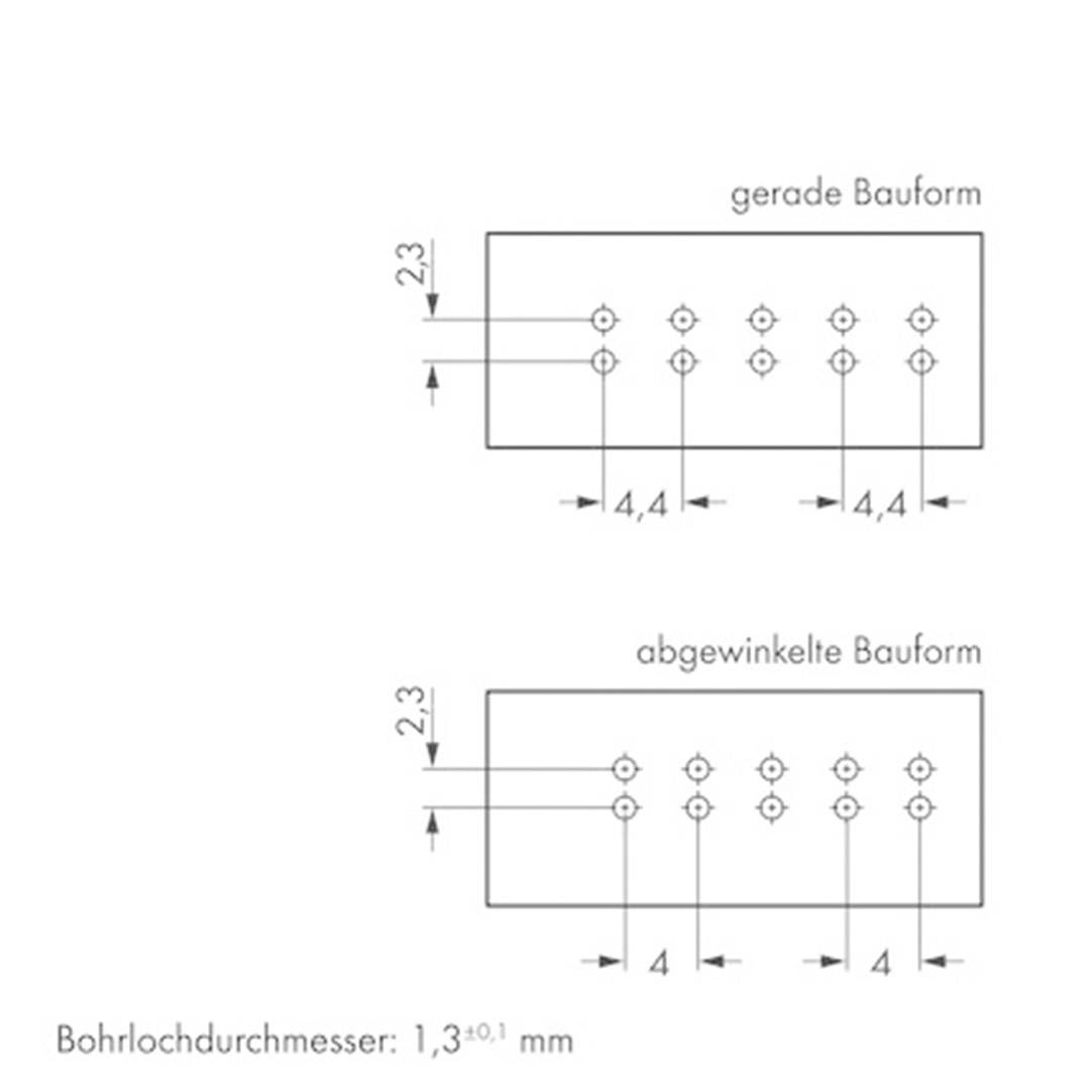 Diagram przedstawia dwa wzory otworów: górny w prostej formie, dolny pod kątem. Odległość między otworami: 4,4 mm, średnica otworu: 1,3±0,1 mm.