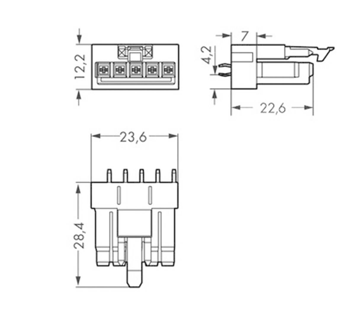 Rysunek techniczny złącza elektrycznego z wymiarami: góra 12,2 mm, lewa strona 23,6 mm, prawa strona 22,6 mm, wysokość 28,4 mm.
