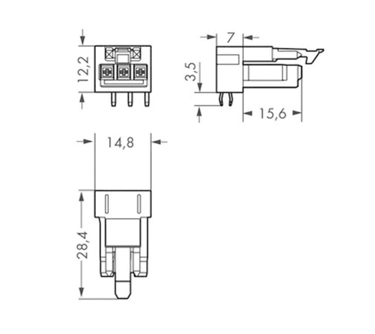 Rysunek techniczny złącza elektrycznego z wymiarami: szerokość 12,2, wysokość 28,4, długość 15,6 mm. Widoczne szczegóły przyłączy.