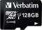 Czarna karta microSDXC Verbatim o pojemności 128 GB, klasy 10, odpowiednia do szybkiego przesyłania danych.