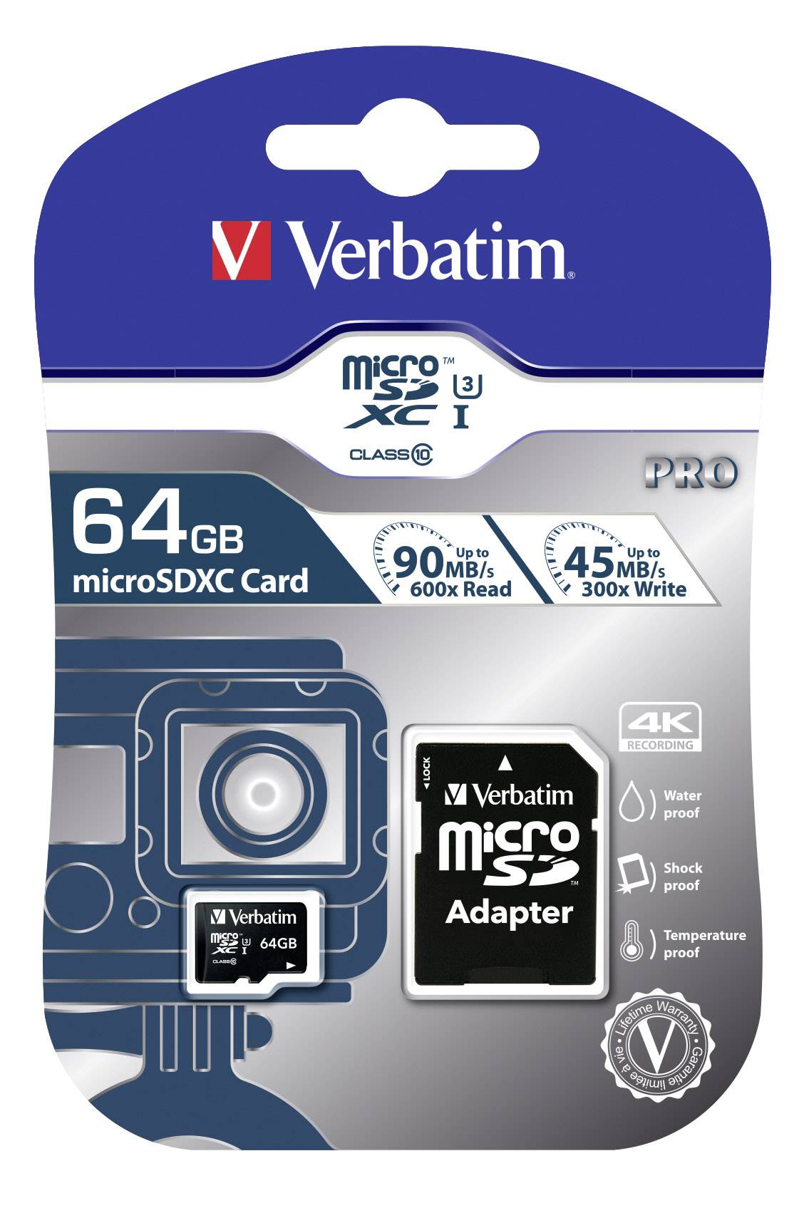 Карта пам'яті Verbatim PRO microSDXC 64 ГБ класу 10, UHS-I, UHS-класу 3, включаючи карту пам'яті SD