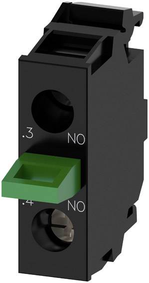 Czarny elektryczny przełącznik z dwoma stykami, oznaczony jako 'NO' dla stanu normalnie rozwartego, z zielonym przyciskiem aktywacyjnym.