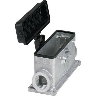 Metalowa obudowa przemysłowego złącza elektrycznego z otwartą pokrywą, przeznaczona do podłączania przewodów, odporna na trudne warunki środowiskowe.