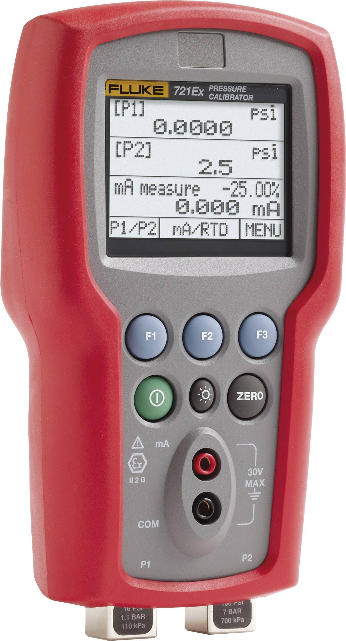 Czerwone urządzenie kalibracyjne wyświetla pomiary w PSI i mA na wyświetlaczu. Dostępne są przyciski do różnych funkcji.