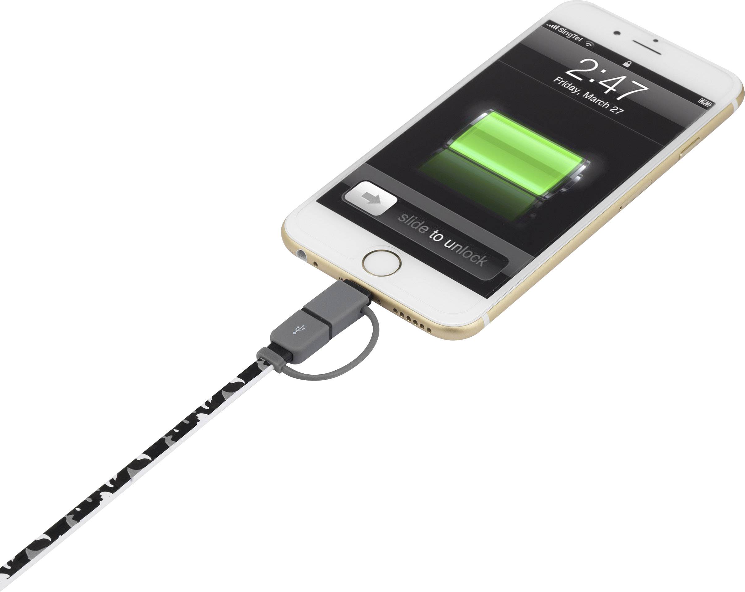 Кабель Renkforce USB 2.0 USB-A чоловічий, USB Micro-B чоловічий, Lightning чоловічий 0,20 м, камуфляжний, плоский, дуже гнучкий RF