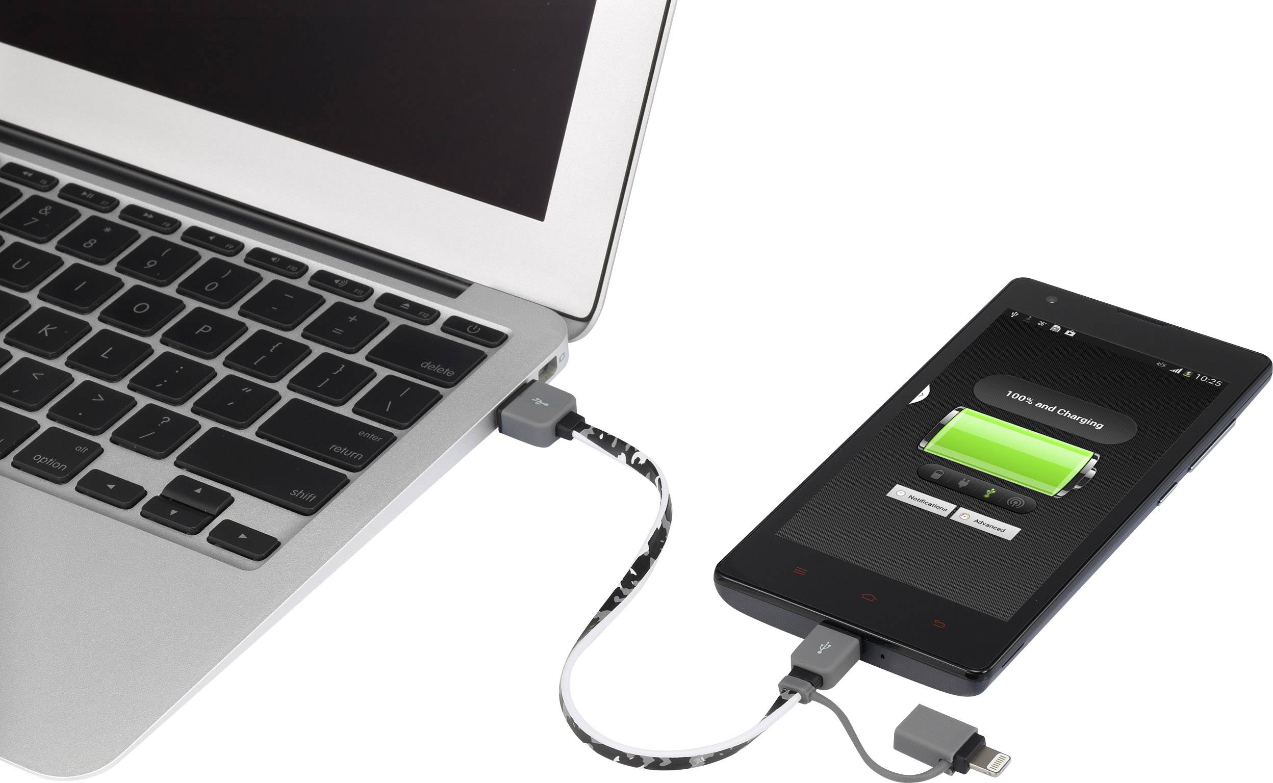 Кабель Renkforce USB 2.0 USB-A чоловічий, USB Micro-B чоловічий, Lightning чоловічий 0,20 м, камуфляжний, плоский, дуже гнучкий RF