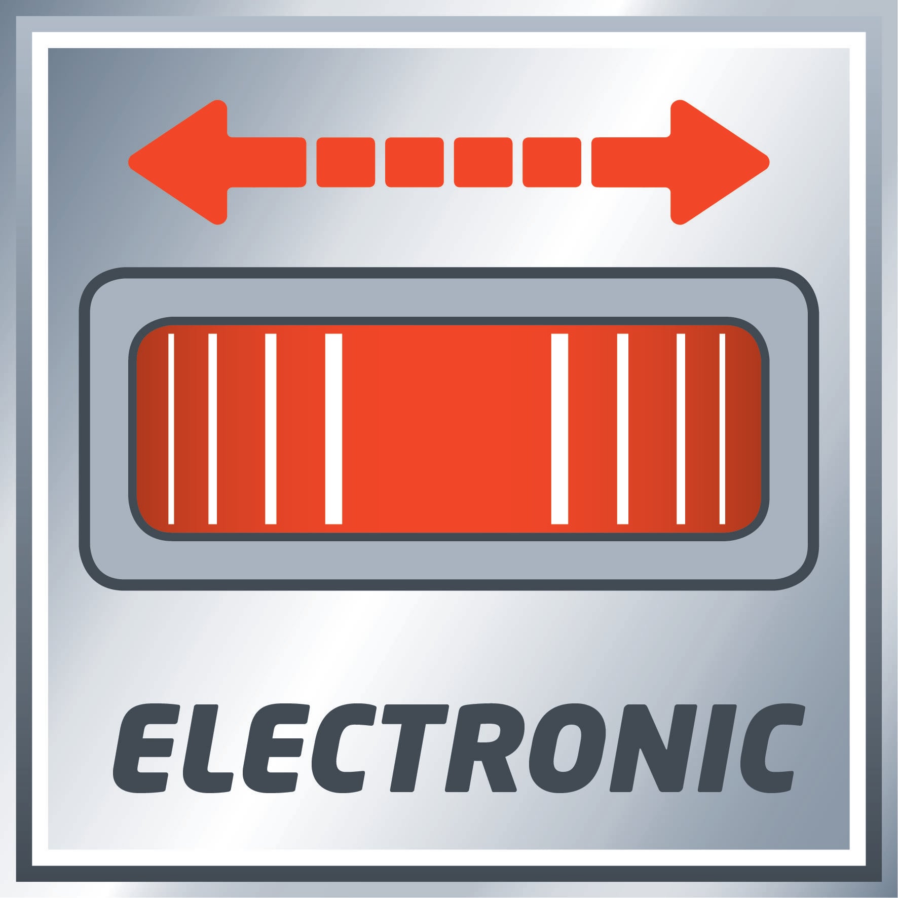 Tarcza z symbolizowanym czerwonym kodem kreskowym, podwójna strzałka nad nią wskazuje w lewo i w prawo. Poniżej napisano 'ELECTRONIC'.