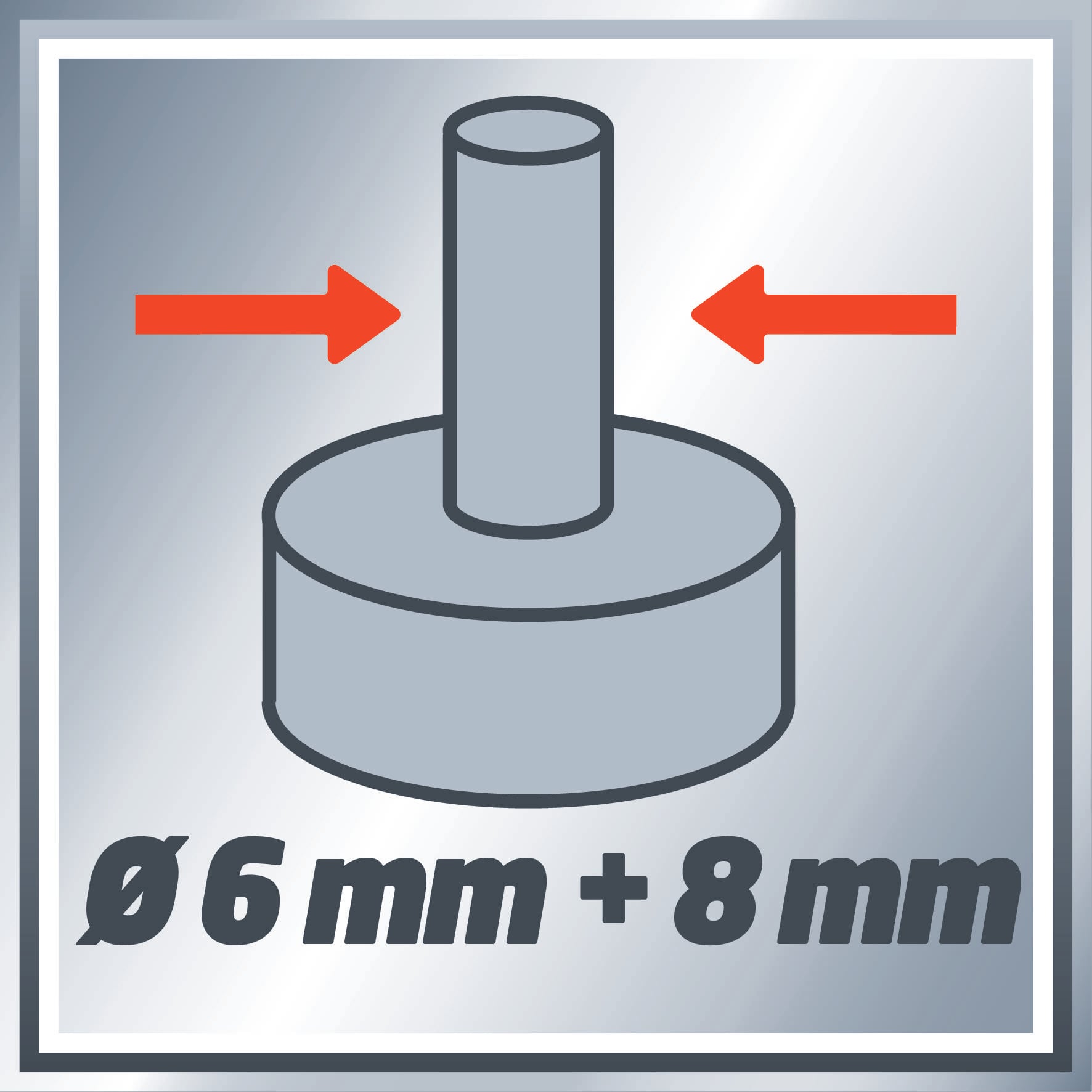 Diagram z dwoma czerwonymi strzałkami przedstawia obiekt cylindryczny o wymiarach 'Ø 6 mm + 8 mm'.