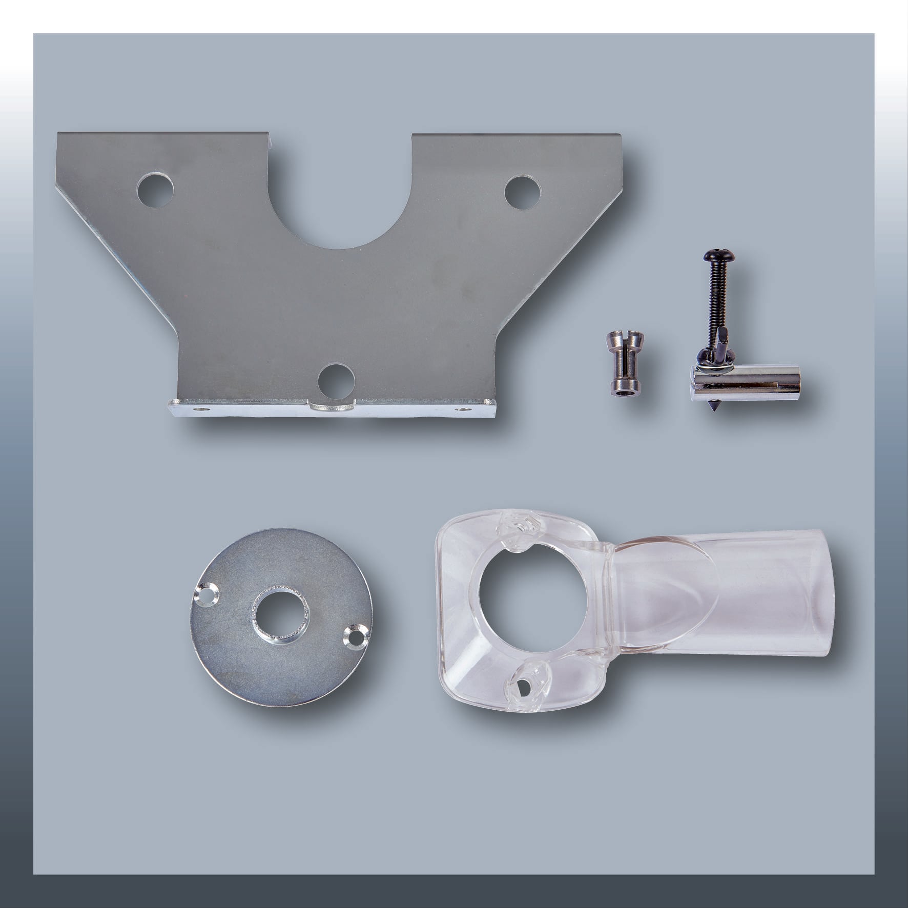 Metalowe elementy do rozwiązania mocującego, składające się z uchwytu, śrub, podkładki oraz przezroczystego uchwytu z tworzywa sztucznego.