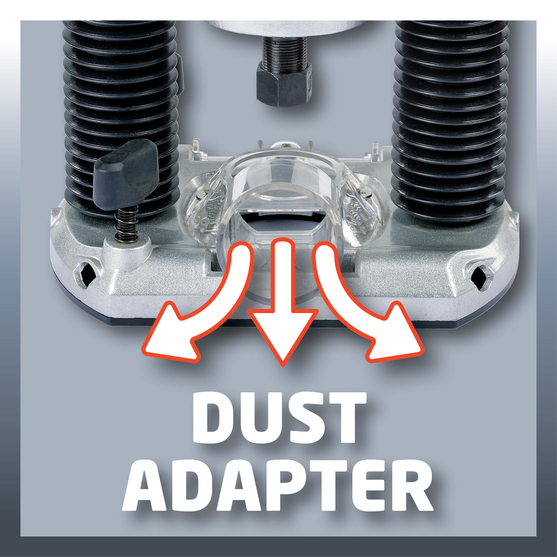 Akcesoria do frezarki z adapterem pyłowym i dwoma elastycznymi wężami. Napis 'Dust Adapter' podkreśla funkcję produktu.