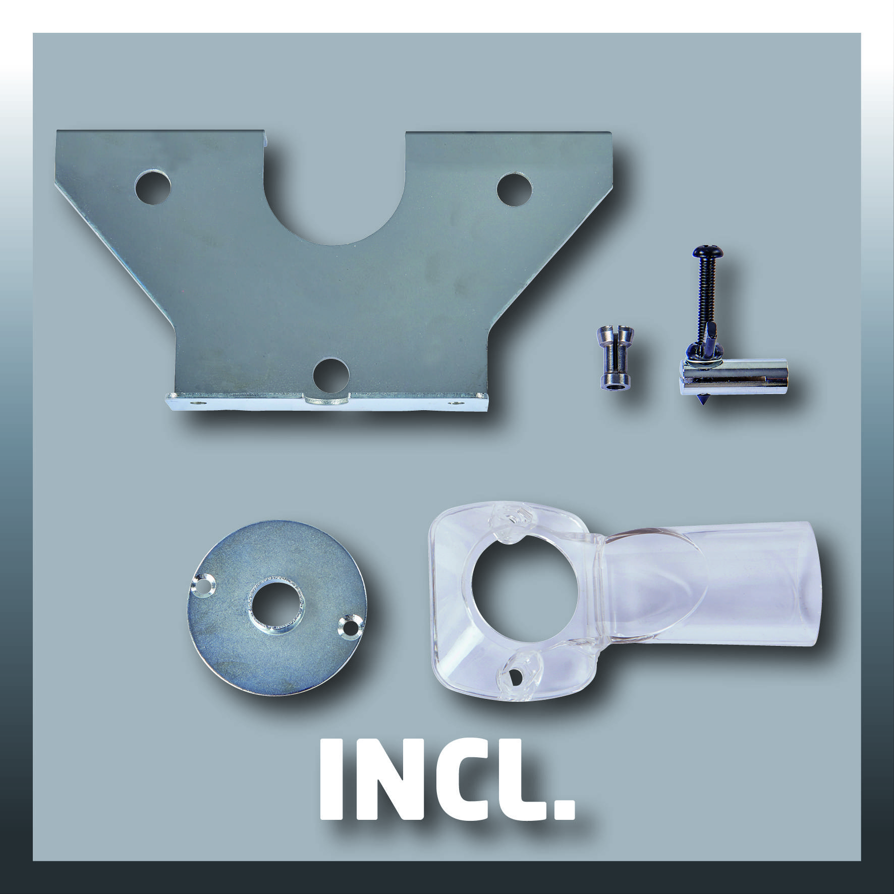 Obraz przedstawia zestaw elementów montażowych: metalowy uchwyt, śruby, okrągłą metalową płytkę oraz adapter z tworzywa sztucznego.