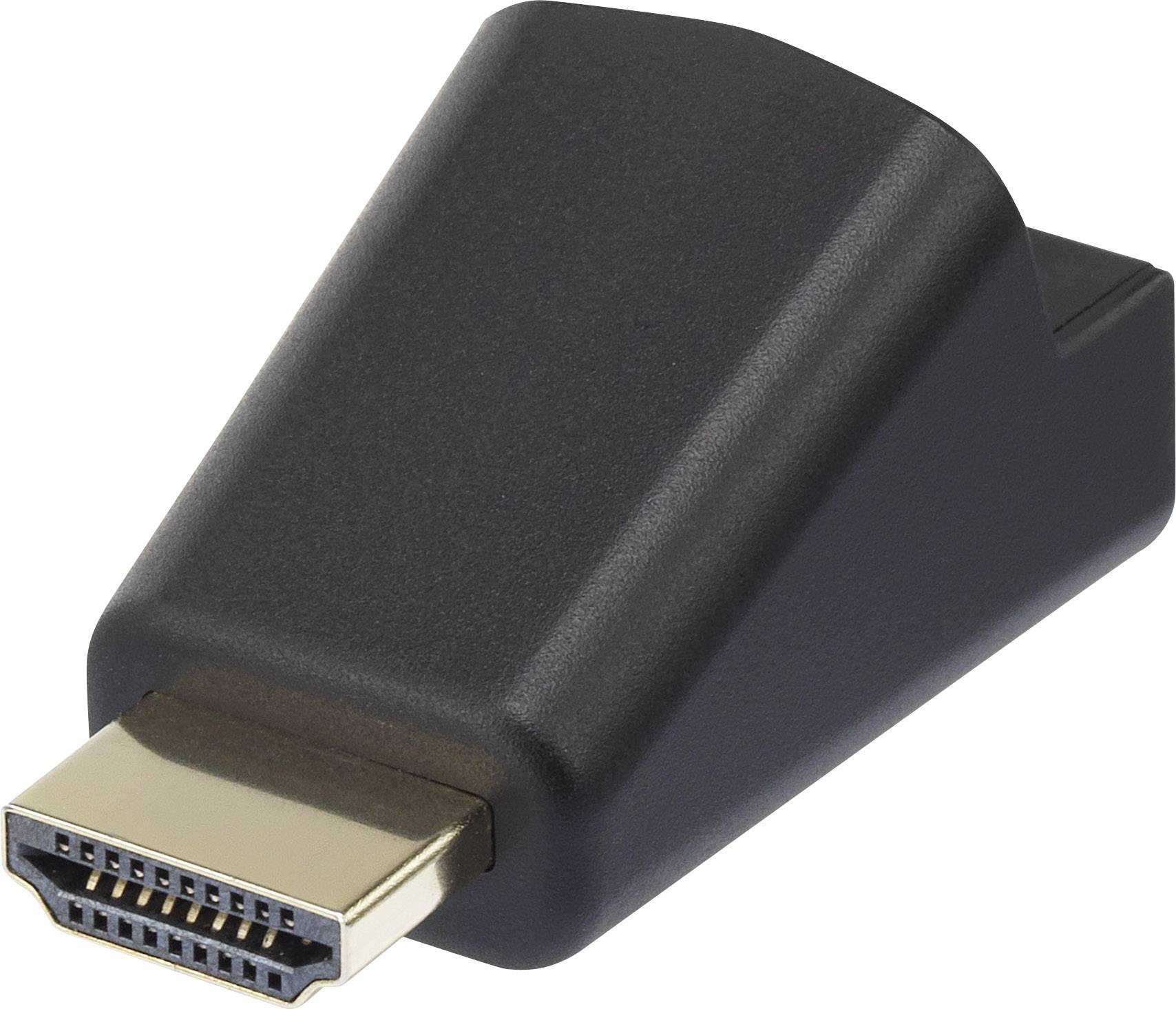 Czarny adapter wtykowy HDMI w ujęciu skośnym, z pozłacanym złączem na jednym końcu.