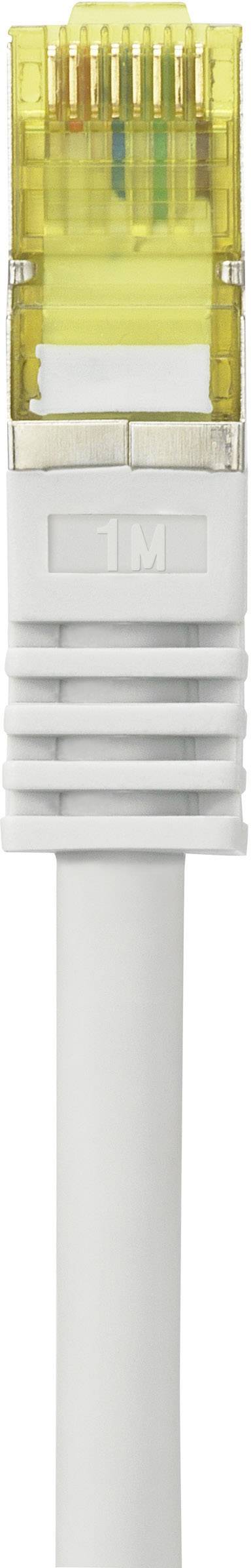 Żółta wtyczka sieciowa RJ45 na białym kablu oznaczonym napisem '1M'.