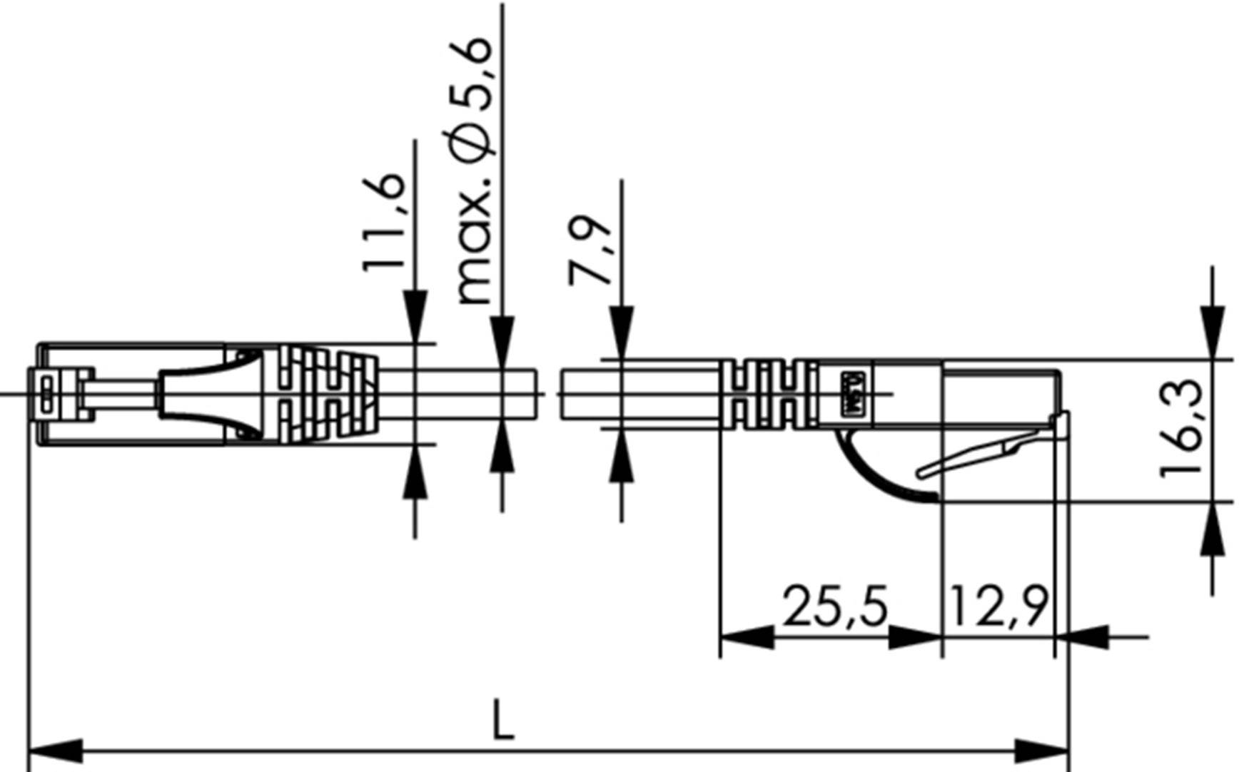 Rysunek techniczny cylindrycznego wtyczki z podanymi wymiarami: długość 25,5 mm, średnica 5,6 mm, wysokość 16,3 mm.