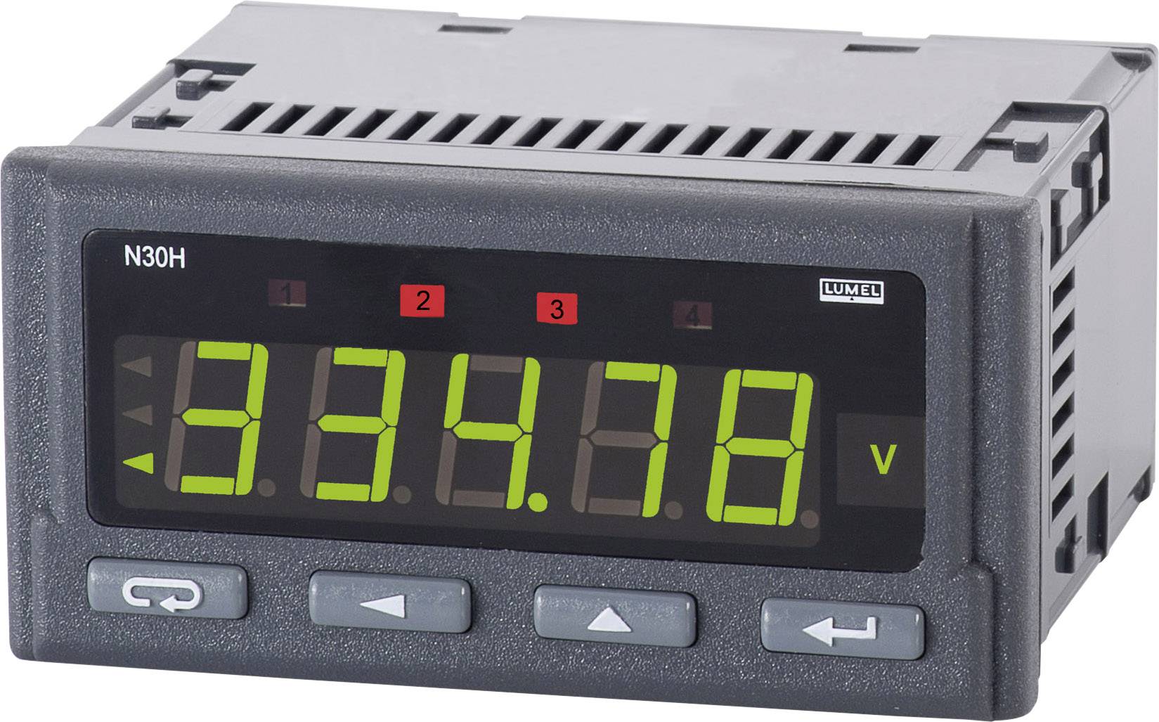 Cyfrowy woltomierz z wyświetlaczem '334,78 V'; szara obudowa, cztery przyciski sterujące na dole, odpowiedni do pomiarów i monitoringu.